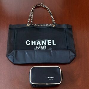 CHANEL mesh tote with ribbon and a free CHANEL BEAUTE make-up pouch bag